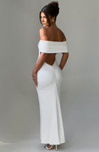 Women's Off-Shoulder Bardot Maxi Dress with Ruched Open Back - Elegant Evening Wear | White