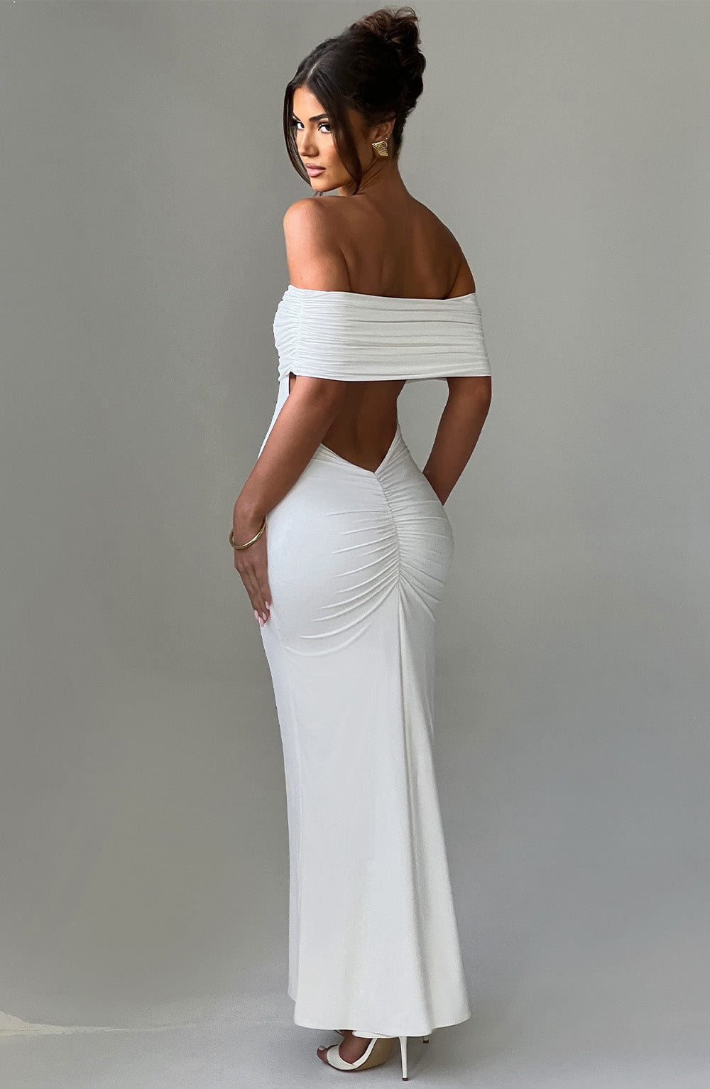 Women's Off-Shoulder Bardot Maxi Dress with Ruched Open Back - Elegant Evening Wear | White