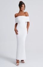 Women's Off-Shoulder Bardot Maxi Dress with Ruched Open Back - Elegant Evening Wear | White