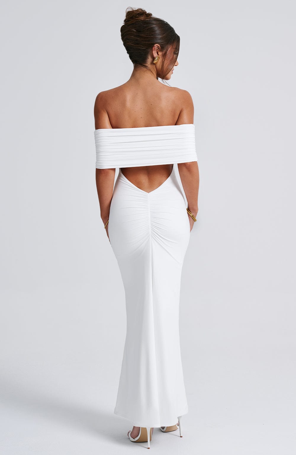 Women's Off-Shoulder Bardot Maxi Dress with Ruched Open Back - Elegant Evening Wear | White