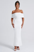 Women's Off-Shoulder Bardot Maxi Dress with Ruched Open Back - Elegant Evening Wear | White
