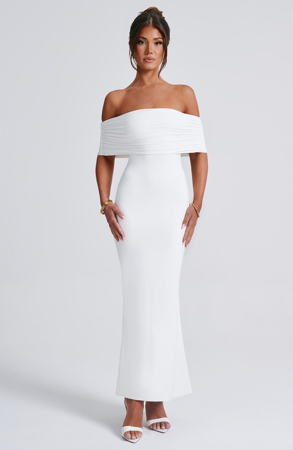 Women's Off-Shoulder Bardot Maxi Dress with Ruched Open Back - Elegant Evening Wear | White