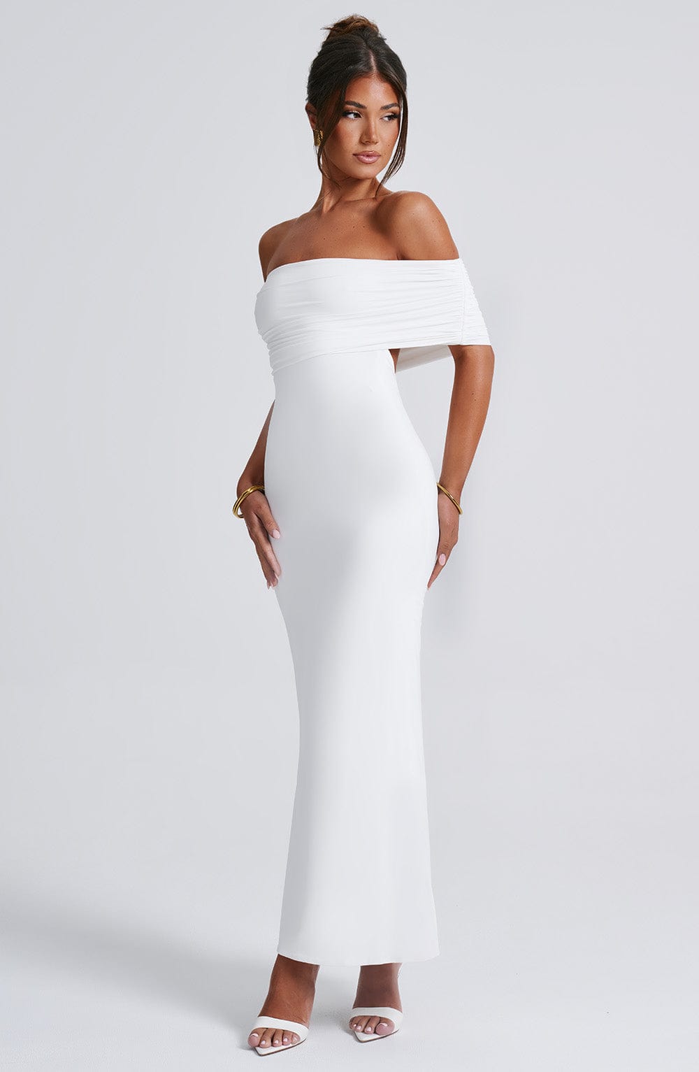 Women's Off-Shoulder Bardot Maxi Dress with Ruched Open Back - Elegant Evening Wear | White