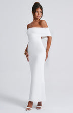 Women's Off-Shoulder Bardot Maxi Dress with Ruched Open Back - Elegant Evening Wear | White