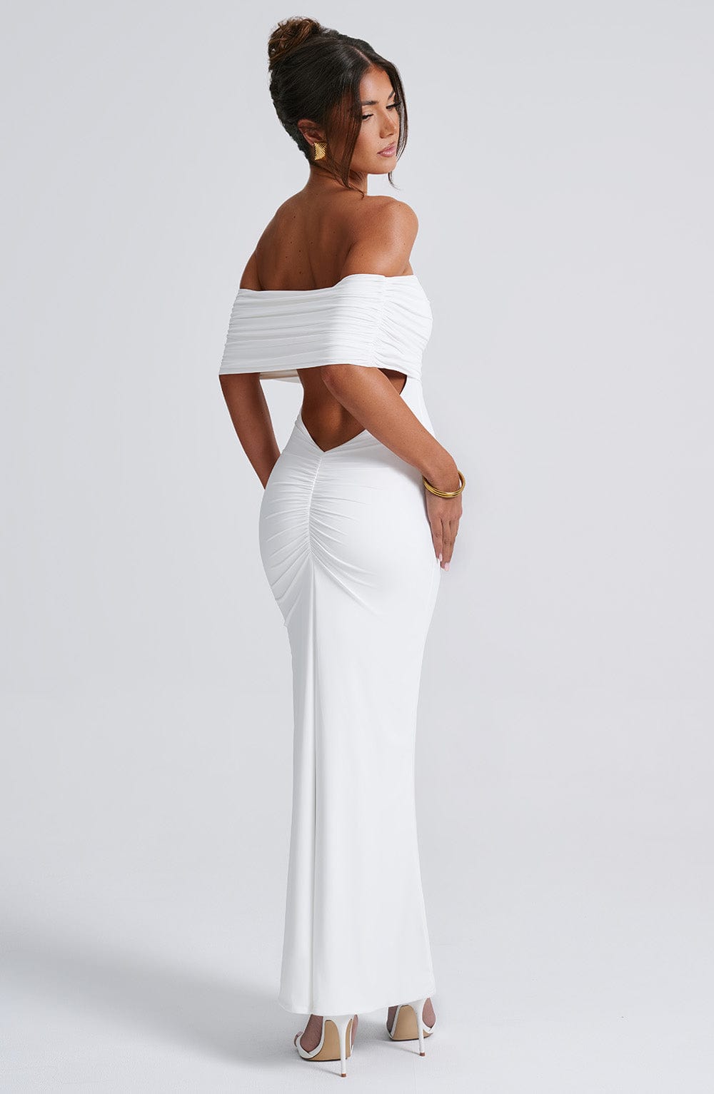 Women's Off-Shoulder Bardot Maxi Dress with Ruched Open Back - Elegant Evening Wear | White