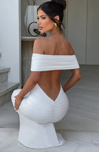Women's Off-Shoulder Bardot Maxi Dress with Ruched Open Back - Elegant Evening Wear | White