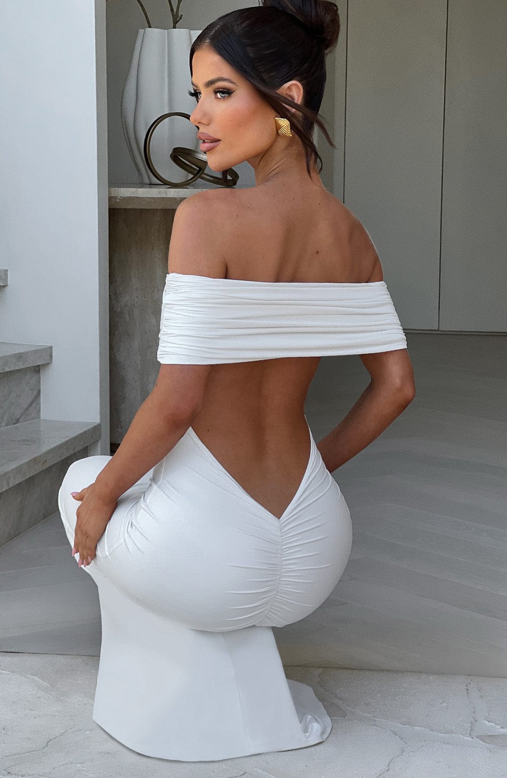 Women's Off-Shoulder Bardot Maxi Dress with Ruched Open Back - Elegant Evening Wear | White