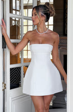 Strapless Mini Dress for Women with Bubble Skirt and Seam Details - Chic Evening Wear | White