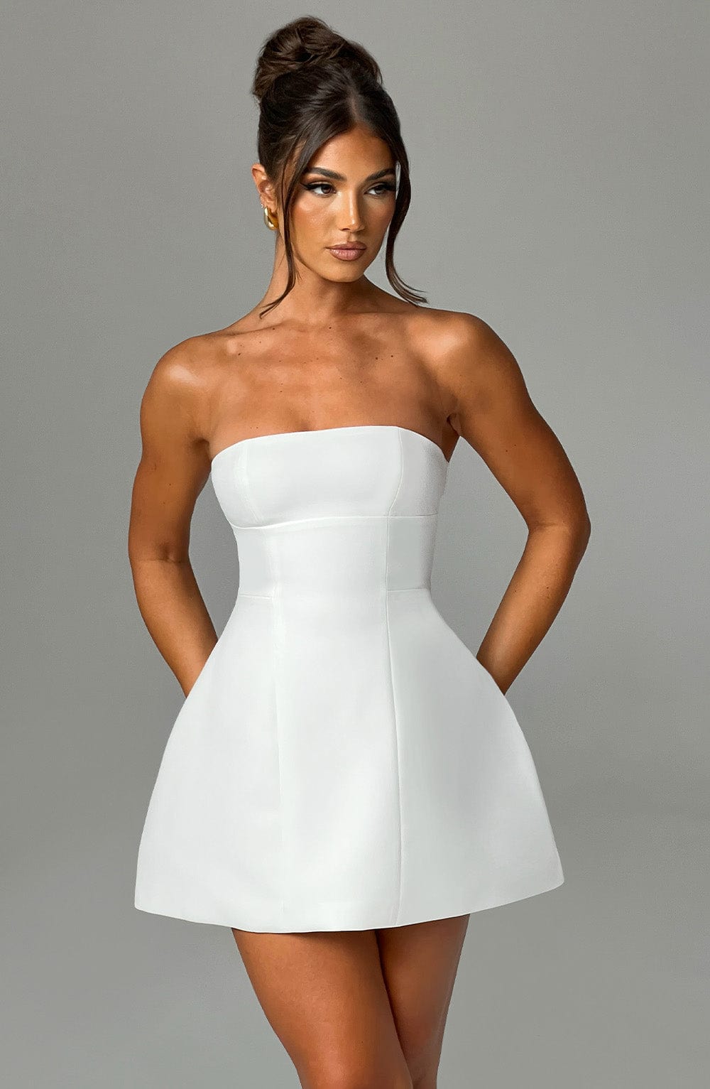 Strapless Mini Dress for Women with Bubble Skirt and Seam Details - Chic Evening Wear | White