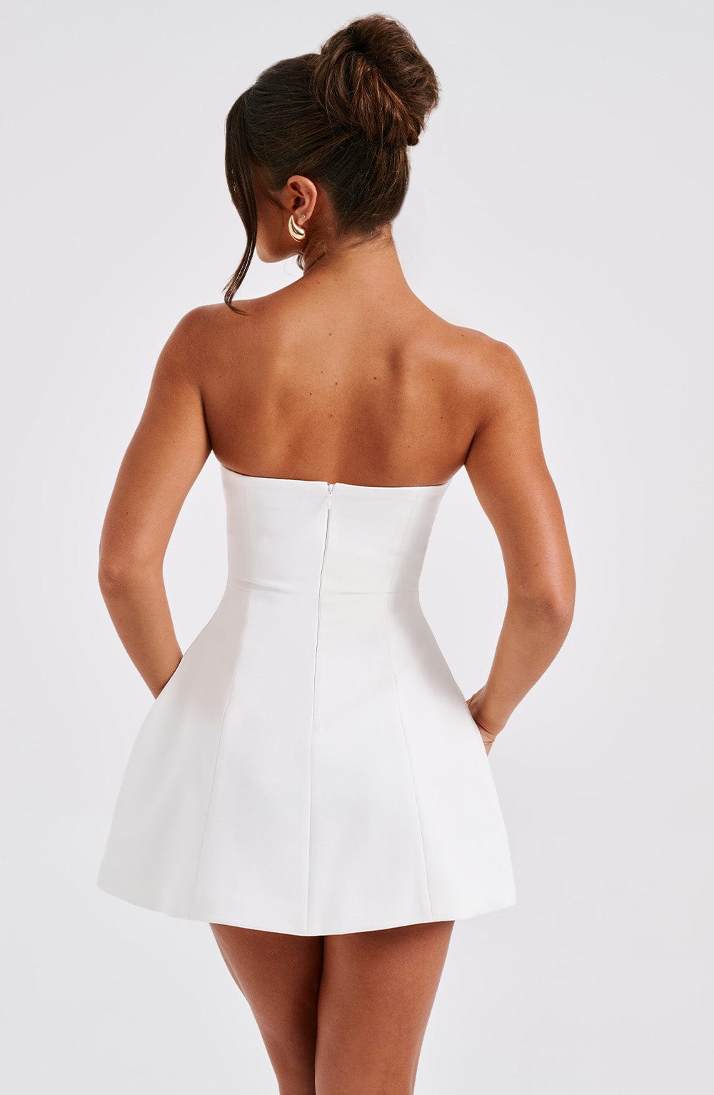 Strapless Mini Dress for Women with Bubble Skirt and Seam Details - Chic Evening Wear | White