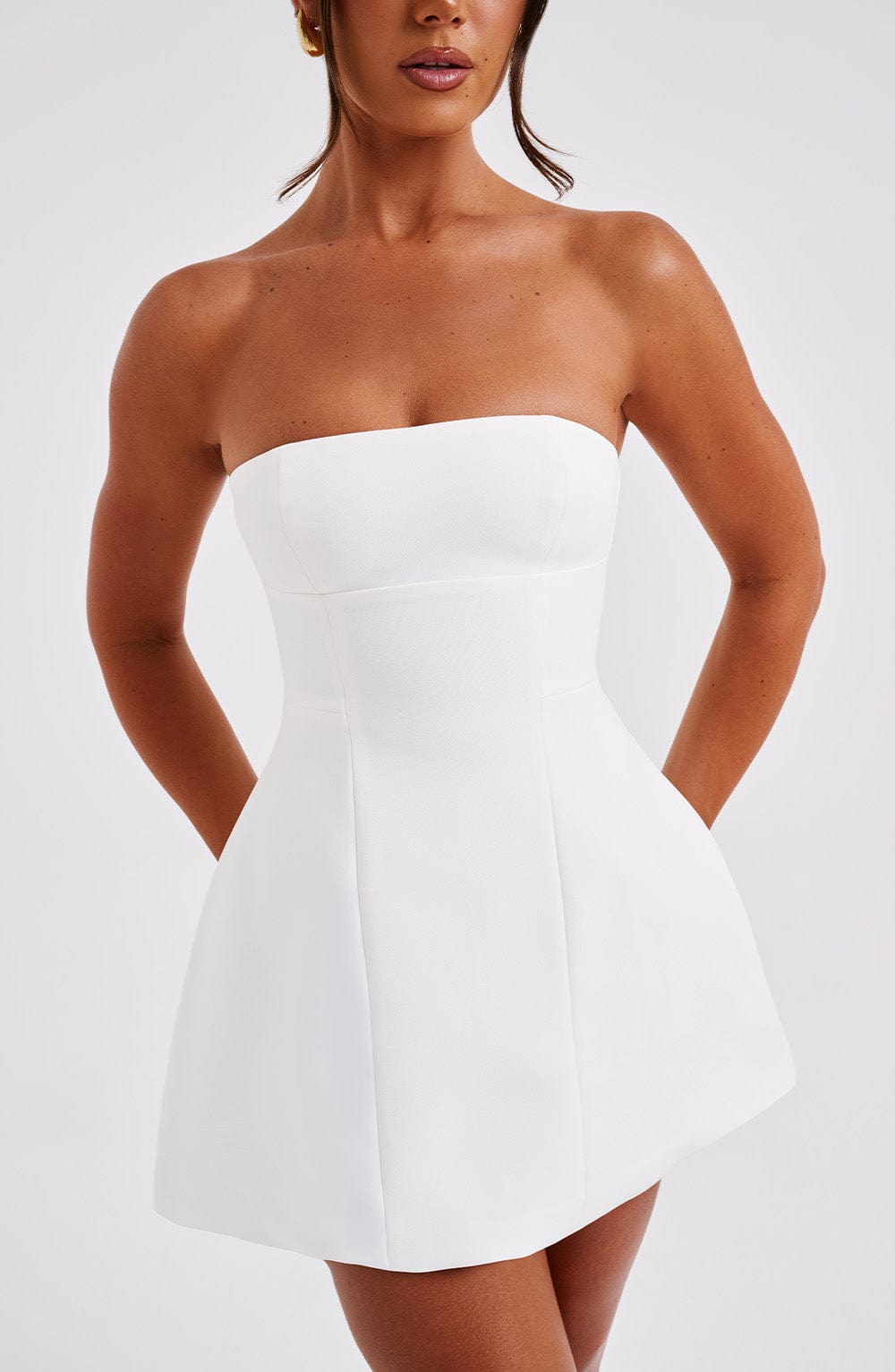 Strapless Mini Dress for Women with Bubble Skirt and Seam Details - Chic Evening Wear | White