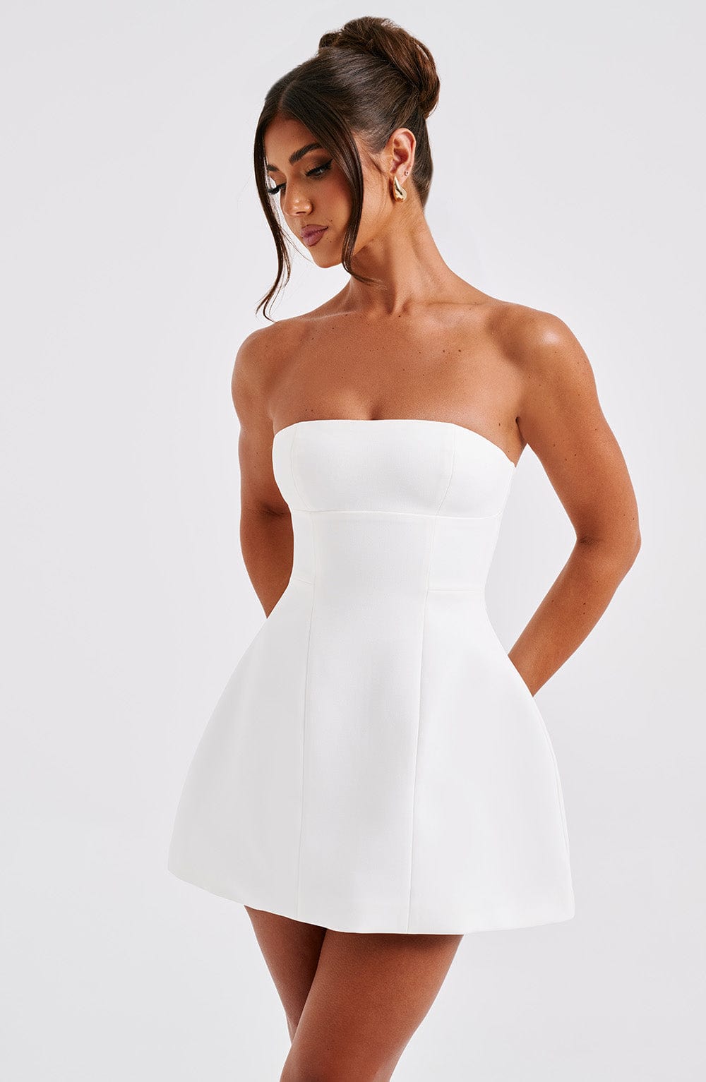Strapless Mini Dress for Women with Bubble Skirt and Seam Details - Chic Evening Wear | White