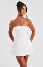 Strapless Mini Dress for Women with Bubble Skirt and Seam Details - Chic Evening Wear | White