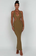 Women's Crochet Knit Maxi Dress with Plunge Neckline and Backless Ties | Khaki