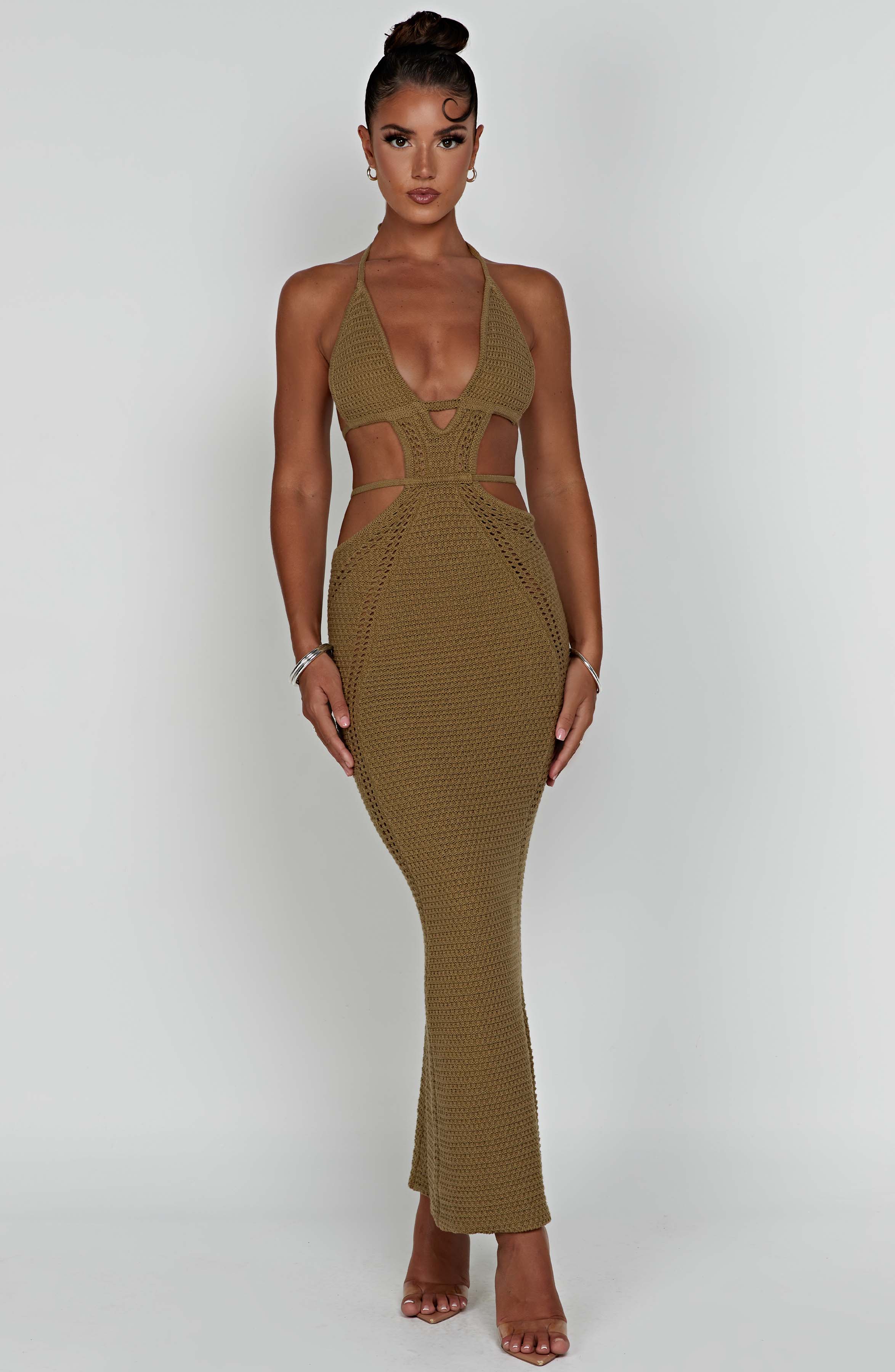 Women's Crochet Knit Maxi Dress with Plunge Neckline and Backless Ties | Khaki