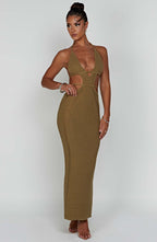Women's Crochet Knit Maxi Dress with Plunge Neckline and Backless Ties | Khaki