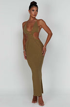 Women's Crochet Knit Maxi Dress with Plunge Neckline and Backless Ties | Khaki