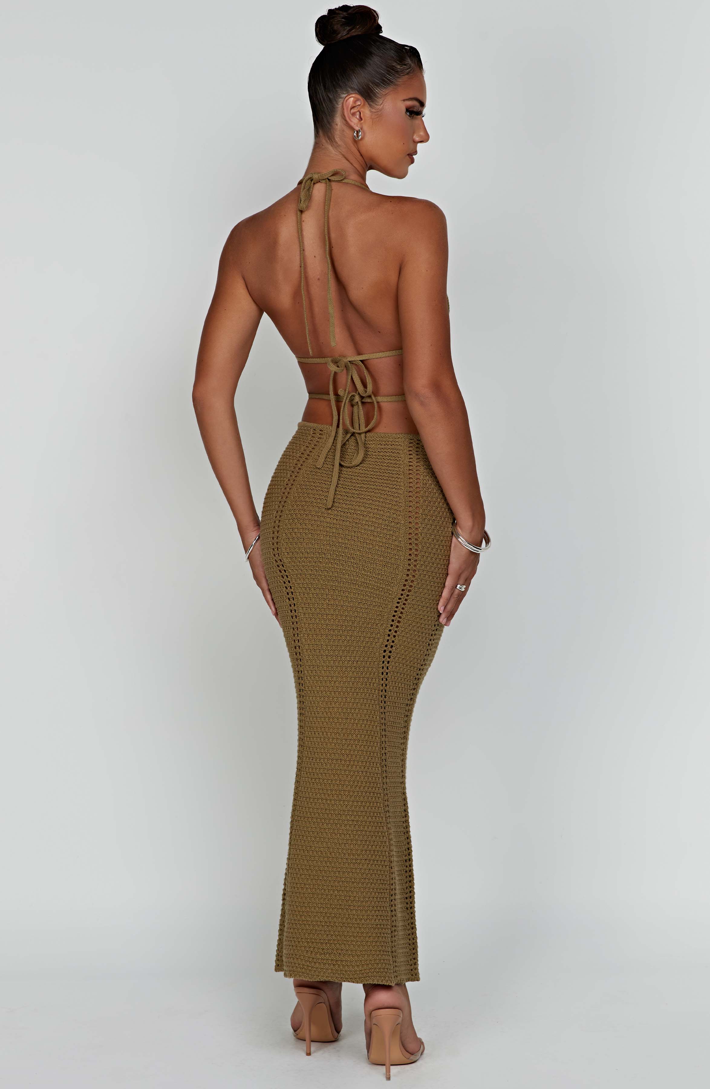 Women's Crochet Knit Maxi Dress with Plunge Neckline and Backless Ties | Khaki
