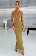 Women's Crochet Knit Maxi Dress with Plunge Neckline and Backless Ties | Khaki