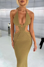 Women's Crochet Knit Maxi Dress with Plunge Neckline and Backless Ties | Khaki