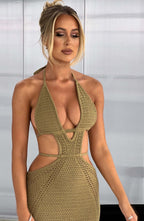 Women's Crochet Knit Maxi Dress with Plunge Neckline and Backless Ties | Khaki