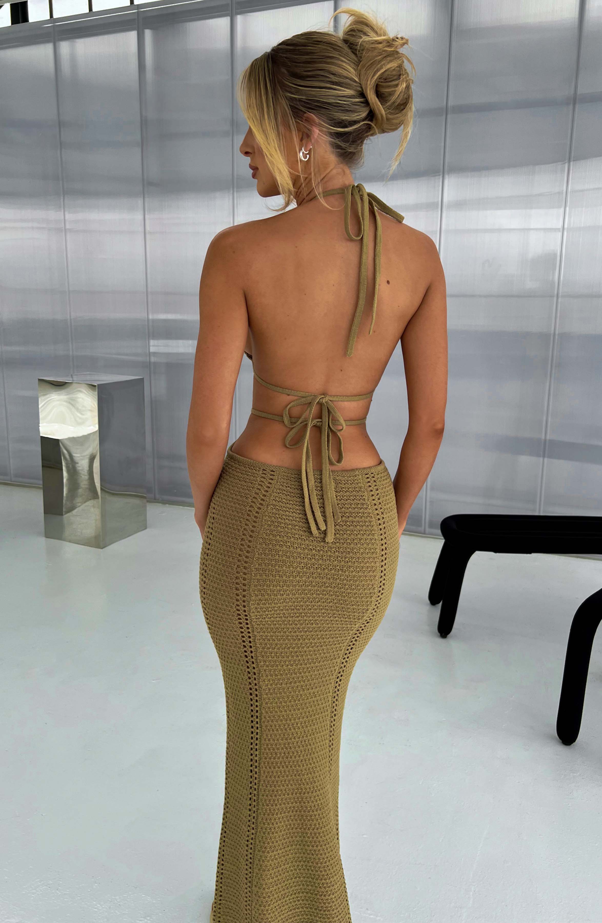 Women's Crochet Knit Maxi Dress with Plunge Neckline and Backless Ties | Khaki