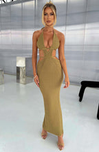 Women's Crochet Knit Maxi Dress with Plunge Neckline and Backless Ties | Khaki