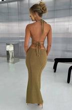 Women's Crochet Knit Maxi Dress with Plunge Neckline and Backless Ties | Khaki