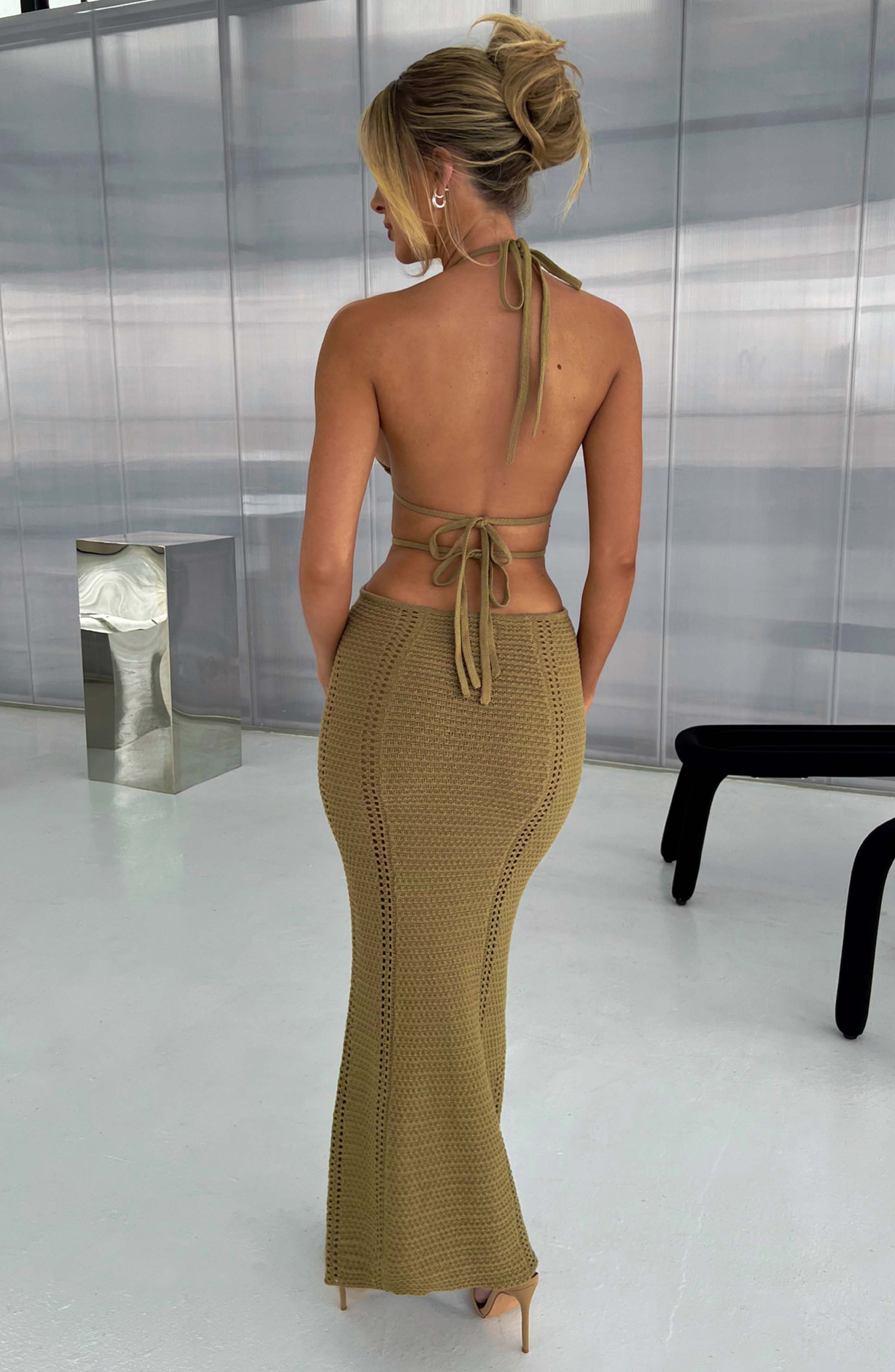 Women's Crochet Knit Maxi Dress with Plunge Neckline and Backless Ties | Khaki