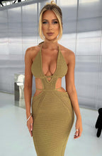 Women's Crochet Knit Maxi Dress with Plunge Neckline and Backless Ties | Khaki
