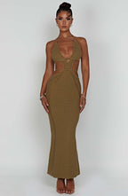 Women's Crochet Knit Maxi Dress with Plunge Neckline and Backless Ties | Khaki