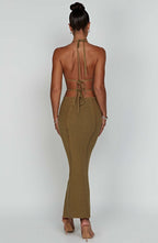Women's Crochet Knit Maxi Dress with Plunge Neckline and Backless Ties | Khaki