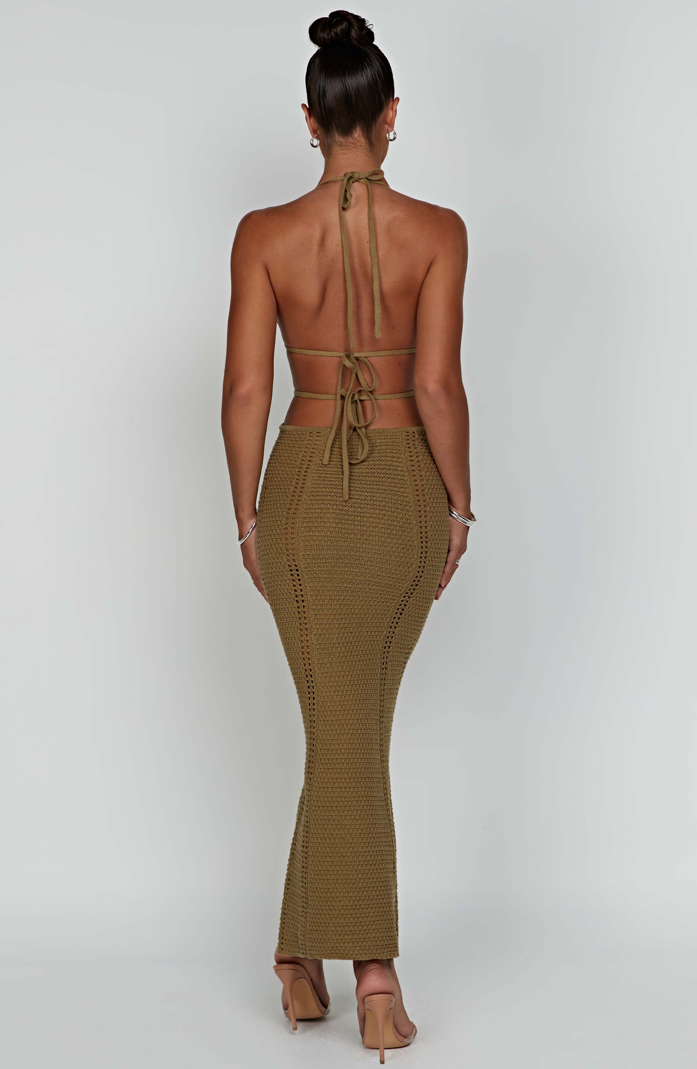 Women's Crochet Knit Maxi Dress with Plunge Neckline and Backless Ties | Khaki