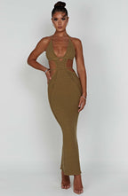 Women's Crochet Knit Maxi Dress with Plunge Neckline and Backless Ties | Khaki