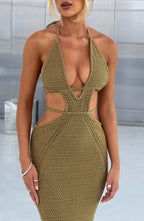 Women's Crochet Knit Maxi Dress with Plunge Neckline and Backless Ties | Khaki XL