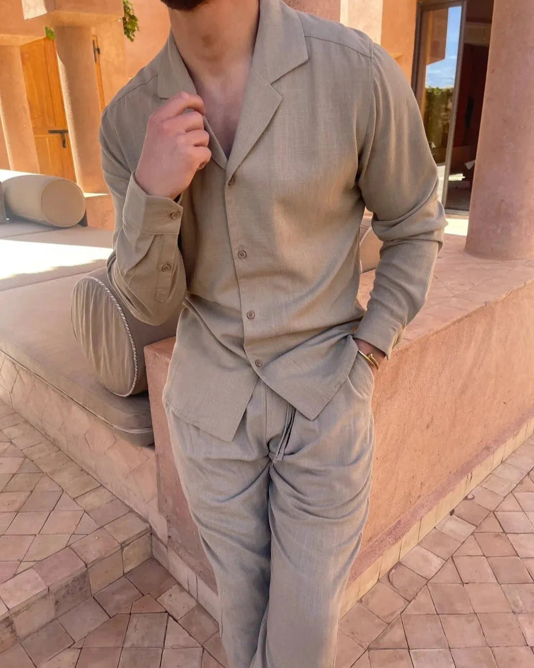 Linen Shirt and Trouser Set for Men - Tailored Fit, Perfect for Summer Outings and Dinner Dates Brown