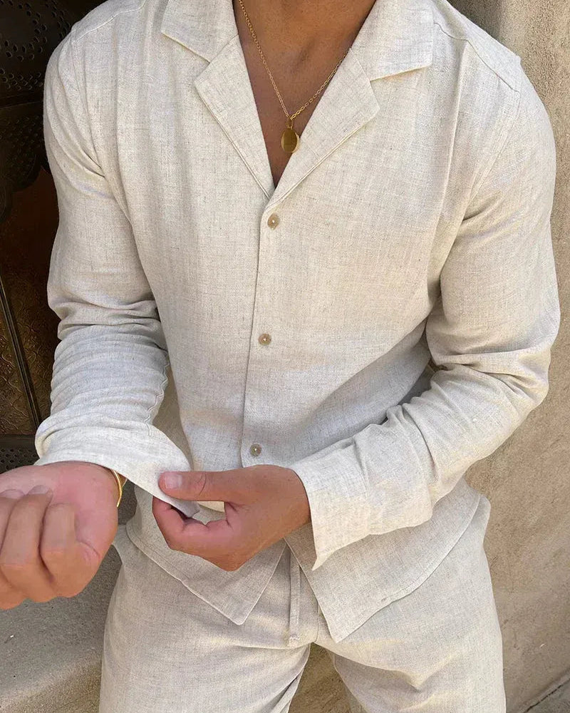 Linen Shirt and Trouser Set for Men - Tailored Fit, Perfect for Summer Outings and Dinner Dates White