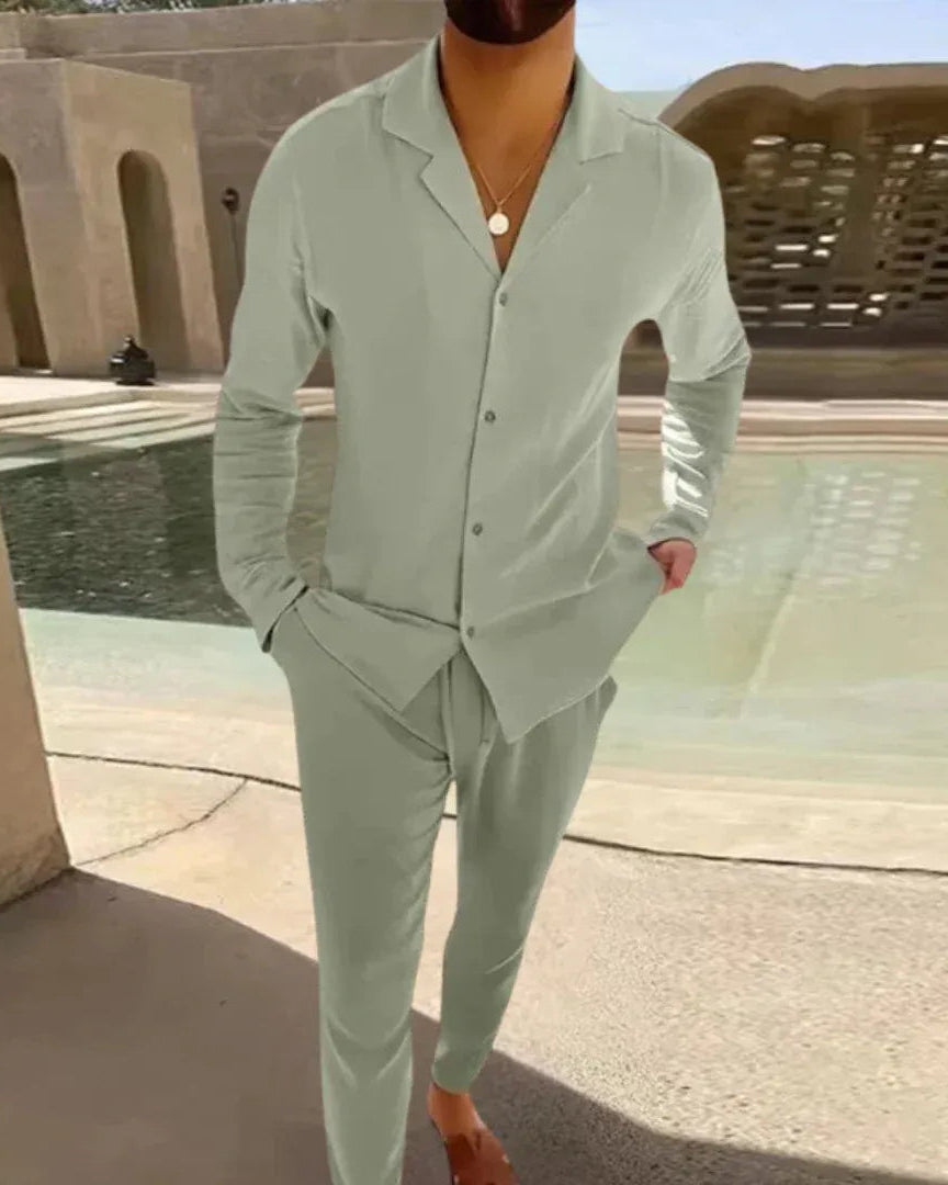 Linen Shirt and Trouser Set for Men - Tailored Fit, Perfect for Summer Outings and Dinner Dates Khaki