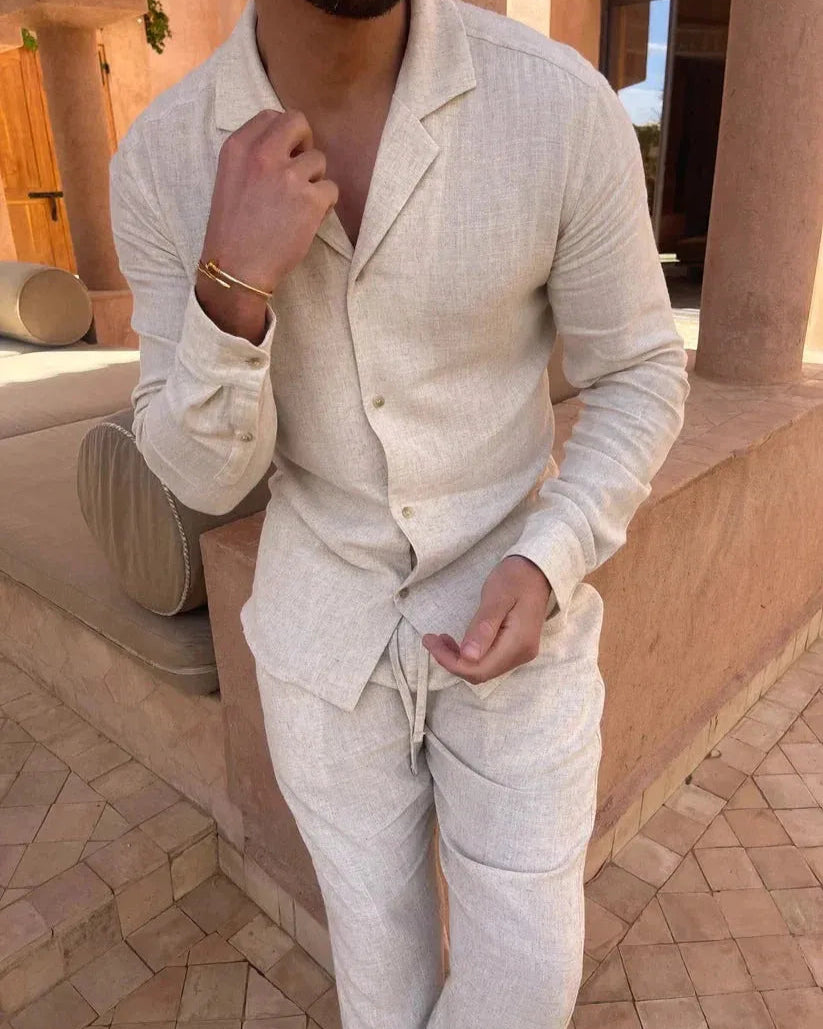 Linen Shirt and Trouser Set for Men - Tailored Fit, Perfect for Summer Outings and Dinner Dates Beige