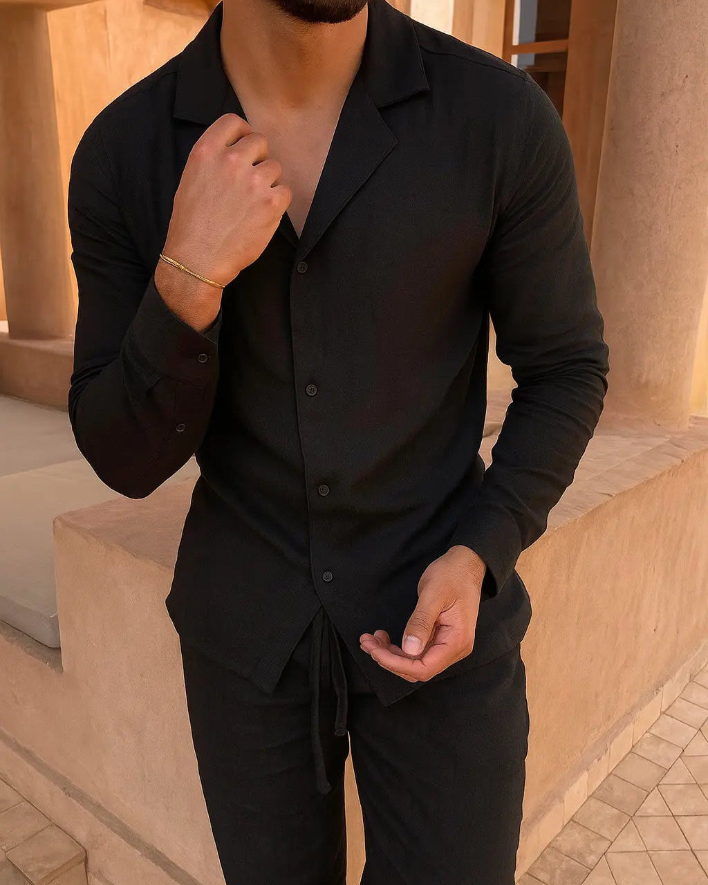 Linen Shirt and Trouser Set for Men - Tailored Fit, Perfect for Summer Outings and Dinner Dates Black