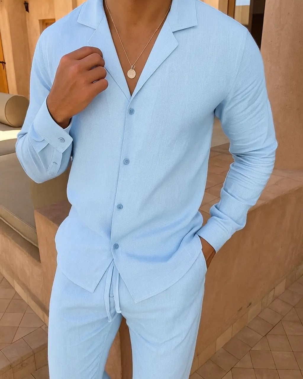 Linen Shirt and Trouser Set for Men - Tailored Fit, Perfect for Summer Outings and Dinner Dates Light Blue
