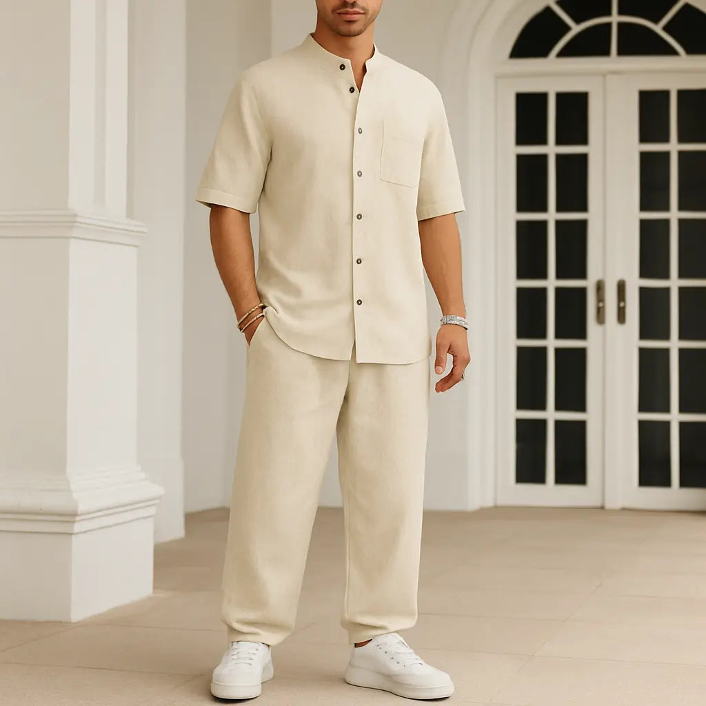Men's Casual Cotton Linen Blend Set - Relaxed Fit Short Sleeve Shirt & Trousers Beige