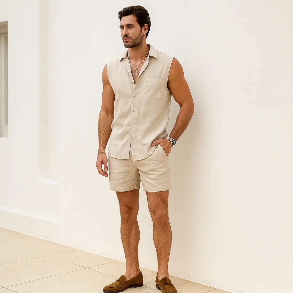 Men's Cotton Linen Relaxed Fit Shirt & Shorts 2 Piece Set - Casual Wear for Summer Beige