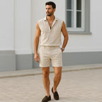Men's Cotton Linen Relaxed Fit Shirt & Shorts 2 Piece Set - Casual Wear for Summer