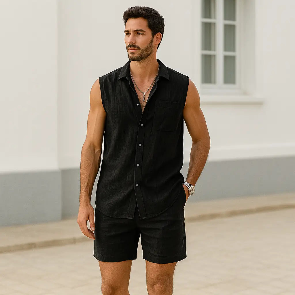 Men's Cotton Linen Relaxed Fit Shirt & Shorts 2 Piece Set - Casual Wear for Summer Black