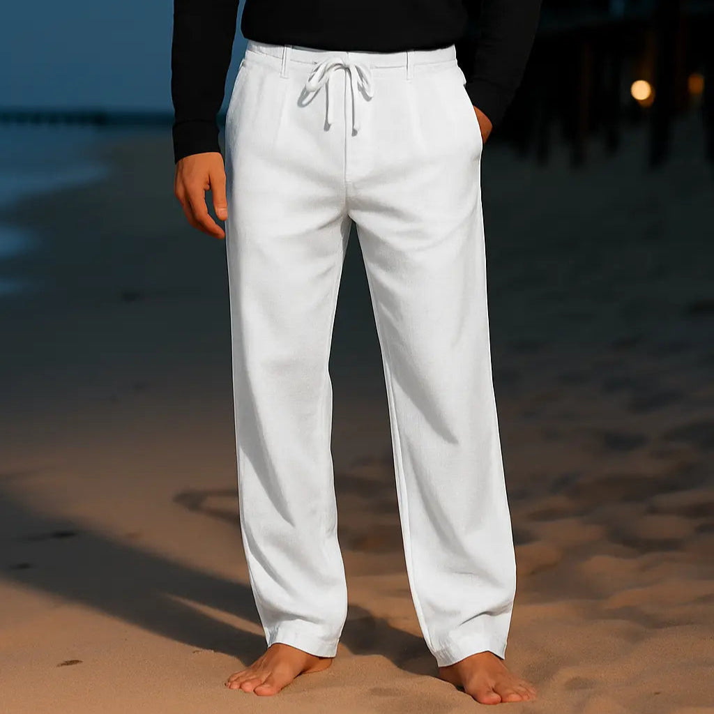 Men's Relaxed Fit Linen Trousers with Drawstring Waist & Pleated Front White