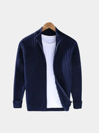 Men's Ribbed Zip Knit Jacket – Lightweight Smart-Casual Cardigan Style Layer Navy