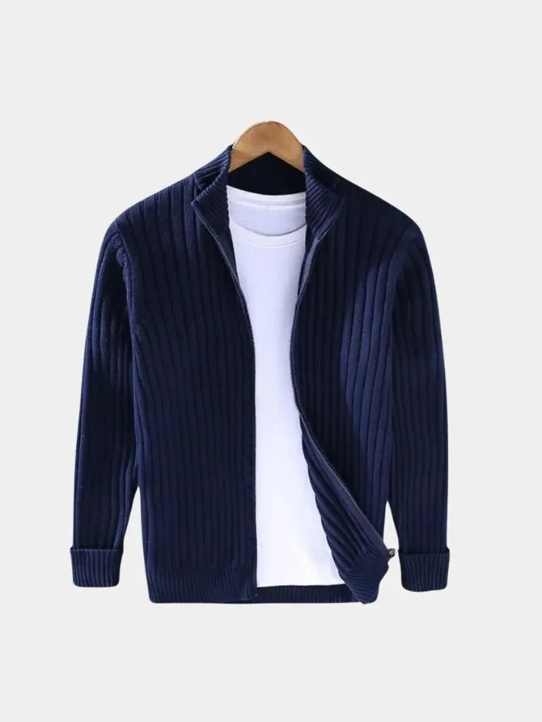 Men's Ribbed Zip Knit Jacket – Lightweight Smart-Casual Cardigan Style Layer Navy