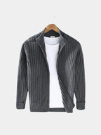Men's Ribbed Zip Knit Jacket – Lightweight Smart-Casual Cardigan Style Layer Grey