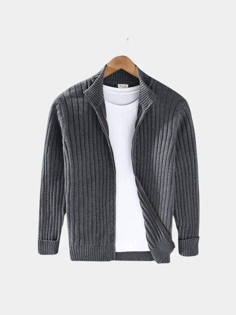 Men's Ribbed Zip Knit Jacket – Lightweight Smart-Casual Cardigan Style Layer Grey